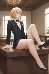 ai_assisted ai_generated blonde_hair bottomless femboy high_heels skirt spm2000 tagme