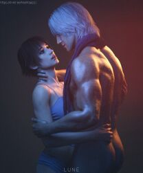 1boy 1girls closed_eyes dante_(devil_may_cry) devil_may_cry_5 face_to_face imminent_sex lady_(devil_may_cry) looking_at_another mahtsazizi muscular_male romantic underwear