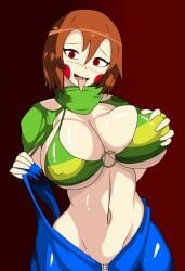 1girls 2d blush breasts brown_hair chara clothed darktale female_chara female_only grabbing_own_breast horny human humanoid light_skin no_visible_genitalia red_eyes ripped_clothing simple_background solo tongue tongue_out undertale undertale_(series) zipper