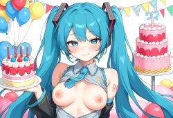 1girls ai_generated balloons bedroom_eyes birthday blush breasts breasts_out cake clothed cyan_eyes cyan_hair detached_sleeves female_only hatsune_miku long_hair nipples smile solo_female tie twintails vocaloid
