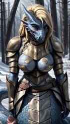 ai_generated anthro armor artist_name blonde_hair blue_eyes blue_skin breasts cleavage colored_skin female female_anthro forest furry furry_female hi_res high_resolution highres horns lamia large_breasts long_hair looking_at_viewer monster nature outdoors pauldrons photorealistic realistic reptile scales scalie shoulder_armor snow solo stable_diffusion tail tree twitter twitter_username watermark yiffyjiffy2 yiffyjiffy69