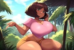 aged_up ai_generated dark-skinned_female dark_skin dora_marquez dora_the_explorer female huge_breasts jewelry latina looking_at_viewer mullon novelai orange_shorts pink_shirt seductive solo squatting