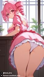 ai_generated ass bent_over blush cleavage dress drill_hair frilled_dress gumi_arts kasane_teto large_breasts looking_at_viewer panties pink_dress pink_eyes pink_hair short_hair stable_diffusion thick_thighs twin_drills utau