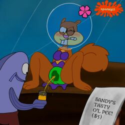 anthro bikini blush cup fish furry legs_apart legs_spread nickelodeon on_table parody peeing peeing_in_cup sandy_cheeks spanky15 spongebob_squarepants squirrel underwear urine