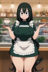 ai ai_generated holding_tray huge_breasts looking_at_viewer maid_uniform my_hero_academia thick_thighs tsuyu_asui