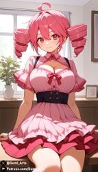 ai_generated blush cleavage dress drill_hair frilled_dress gumi_arts kasane_teto large_breasts looking_at_viewer pink_dress pink_eyes pink_hair short_hair sitting smile stable_diffusion thick_thighs twin_drills utau