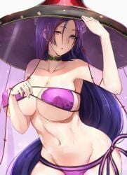 bare_arms bare_shoulders bikini breasts choker cleavage collarbone cowboy_shot eyepatch_bikini fate/grand_order fate_(series) female hat large_breasts long_hair luse_maonang minamoto_no_raikou_(fate) minamoto_no_raikou_(fate/grand_order) minamoto_no_raikou_(swimsuit_lancer)_(fate) minamoto_no_raikou_(swimsuit_lancer)_(first_ascension)_(fate) navel purple_bikini purple_eyes purple_hair side-tie_bikini_bottom smile solo stomach string string_of_fate swimsuit veil very_long_hair white_background