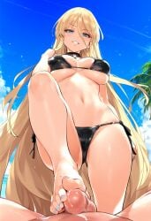 1boy 1girl ai-created ai_generated ashikoki bangs bare_shoulders barefoot beach bikini bikini_bottom bismarck_(kantai_collection) black_bikini black_choker black_swimsuit blonde_hair blue_eyes blue_nails blue_sky blush breasts choker clothed_female clothed_female_nude_male clothing cloud day feet female foot_focus grin hair_between_eyes high_resolution jewelry kantai_collection large_breasts legs long_hair looking_at_viewer male nail_polish navel nipples nude nude_male ocean open_mouth outdoors palm_tree parted_lips penis pov side-tie_bikini_bottom side-tie_clothing side-tie_swimsuit sitting sky smile soles solo_focus spread_legs standing stomach straight string_bikini sweat swimsuit thighs toenail_polish toenails toes tree uncensored underboob very_long_hair