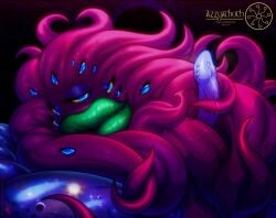 absurd_res ambiguous_gender azathoth_(h.p._lovecraft) bedroom_eyes bodily_fluids eldritch_abomination eldritch_being genital_fluids genitals hi_res hyper hyper_lips lips macro monster multi_eye narrowed_eyes penis precum seductive solo space tendrils thick_lips walter_sache