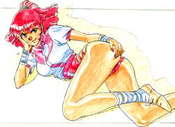 ass bubble_butt busty female female_focus female_only gainax green_eyes gunbuster hourglass_figure jung_freud leotard long_hair pinup pinup_pose ponytail red_hair sketch tagme thong_leotard wide_hips