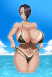 1girls bakunyuu belly_button bikini bikini_tan black_hair blue_eyes blue_sky blue_water breasts cleavage clouds cloudy_sky curvaceous enormous_breasts female female_only gigantic_breasts hair_over_one_eye hand_in_own_hair heart heart_tan hi_res horizon hourglass_figure huge_breasts in_water lips looking_at_viewer massive_breasts navel ocean original original_character outdoors partially_submerged pinup_(style) saya_(twrlare) short_hair smile smiling_at_viewer solo solo_female suntan swimsuit tan tanline tanned tanned_female tanned_girl tanned_skin thick_thighs twrlare voluptuous voluptuous_female water wet