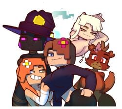 5girls artist_request brown_hair enderwoman flower_in_hair jenny_belle_(slipperyt) minecraft tagme white_background witch_hat