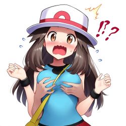 1girls ?! ai_generated blue_shirt boob_grab breast_grab brown_hair groped_from_behind groping hat leaf_(pokemon) long_hair molestation novelai open_mouth pokemon pokemon_frlg self_upload surprised wavy_mouth