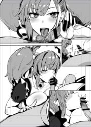 1boy alternate_costume atlanta_(kantai_collection) bar_censor big_breasts breasts censored enmaided fellatio female greyscale grin just_the_tip kantai_collection kissing_penis large_breasts licking licking_penis licking_testicle long_hair maid maid_headdress male monochrome multiple_views no_hand_blowjob oral penis pov short_sleeves small_penis smile straight testicles twitching_penis two-finger_handjob two_side_up yukiguni_yuu