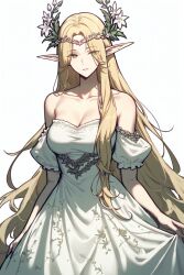 1girls ai_generated blonde_hair clothed doom_breaker elf_ears elf_female flower_crown gown green_eyes large_breasts long_hair manhwa reincarnation_of_the_suicidal_battle_god silviesta solo_focus webtoon