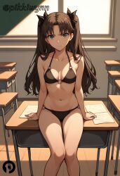 ai_generated arm_support backlighting bangs bare_shoulders bikini black_bikini black_hair black_ribbon breasts brown_hair chair classroom cleavage closed_mouth collarbone desk fate/stay_night fate_(series) feet_out_of_frame female frown green_eyes groin hair_ribbon indoors long_hair looking_at_viewer medium_breasts navel o-ring o-ring_bikini o-ring_bottom o-ring_top on_desk paper parted_bangs pikkiwynn ribbon school school_chair school_desk sitting sitting_on_desk solo stomach swimsuit thigh_gap tohsaka_rin two_side_up v-shaped_eyebrows window