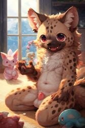 adorable ai_generated babyfur cub cute cute_fangs furry furry_only hyena indoors innocent kemono male male_only plushie prompter:african_coon toys yeen young younger_male
