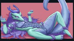 absurd_res anthro beckoning dominismortis dragon female flat_chested genitals gesture hair hi_res horn long_tail lying mythological_creature mythological_scalie mythology on_back presenting presenting_pussy purple_hair pussy scalie solo spread_legs spreading tail