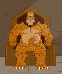 balls biceps big_muscles bulge chubby copyright_request crown feline half-king krosbar_(artist) lion male male_only mammal musclegut muscles nude overweight pecs penis royalty sitting throne