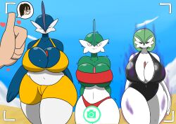 3girls angry bikini female female_gallade gallade gardevoir huge_breasts igphhangout mtf_crossgender multiple_girls oceania_(igph) pokemon pokemon_(species) recording rule_63 smile_at_viewer surprised tagme thumbs_up trainer_go_(igph)