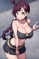 1girls ai_generated belly_button big_breasts black_clothing bra braid breasts brown_hair chloe_(pokemon) cleavage collarbone female green_eyes looking_at_viewer miniskirt navel pokemon ryuzam short_skirt solo tied_hair