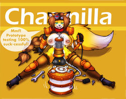 anthro balls breasts brown_hair canine chasmilla dialogue english_text erection eyewear fox futanari goggles green_eyes hair intersex long_hair mammal masturbation nipple_piercing nipples original original_character penis penis_pump piercing shia_(artist) sitting text tongue tongue_out