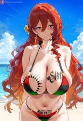 1girls ai_generated beach bikini himeko_(honkai:_star_rail) himeno honkai:_star_rail large_breasts massive_breasts queen_of_spades smile