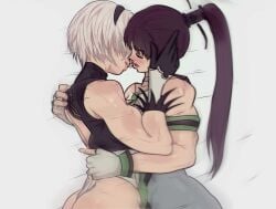 2girls asian asian_female ass biceps black_hair bodysuit eve_(stellar_blade) female female_focus female_only hi_res kissing leotard lesbian making_out muscular muscular_female nier:_automata skimpy skimpy_clothes square_enix stellar_blade thong thong_leotard tight_clothes tight_clothing white_hair yoracrab yorha_2b yuri