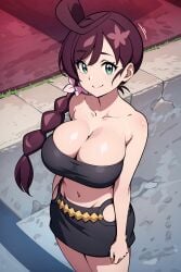 1girls ai_generated belly_button big_breasts black_clothing bra braid breasts brown_hair chloe_(pokemon) cleavage collarbone female green_eyes hair_ornament looking_at_viewer miniskirt navel pokemon pokemon_(anime) pokemon_journeys ryuzam short_skirt single_braid solo tied_hair