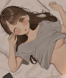 1girls big_breasts blush nearly_naked_shirt ol-chan_(ol_mahonanoka) ol_mahonanoka original phone shirt shirt_lift sleepy