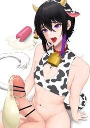 1boy balls beauty_mark big_balls big_penis black_hair censored collar condom condom_filling condom_on_penis cow_print cowbell cum cumming drooling erection femboy girly hairband horns hucow hung_trap large_penis male male_only masturbation misago_(artist) onahole open_mouth penis purple_eyes saliva solo solo_male tail tongue tongue_out