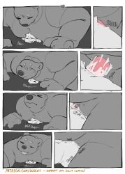 absurd_res anthro bear biped blush blush_lines bodily_fluids comic cum cum_in_ass cum_inside duo genital_fluids hi_res lagomorph leporid male male/male mammal martindosent onomatopoeia overweight overweight_anthro overweight_male rabbit size_difference sound_effects spot_color text