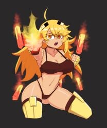 1girls blaze blaze_(at2.) blaze_(minecraft) blonde_hair bra brown_bra brown_panties docecaedrus female female_only fire light-skinned_female light_skin long_hair minecraft mob_talker orange_hair panties personification tagme thighhighs