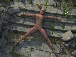 3d armor big_breasts blonde_hair bondage bound breasts elf female gold hair hitmanx3z pointy_ears pussy spread_legs spreading useless_armor