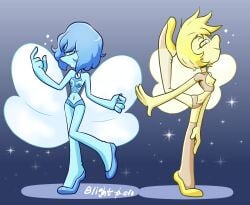 2girls artist_name ballet_boots blightstar blue_body blue_eyes blue_pearl_(steven_universe) breastless_clothes breastless_clothing breasts_out cutout exposed_breasts female female_only flashing_breasts flexible flowing_clothing gem_(species) gem_on_chest half-closed_eyes looking_at_viewer midriff pearl_(gem) posing side_view sparkles steven_universe tagme vertical_splits yellow_body yellow_eyes yellow_pearl_(steven_universe)