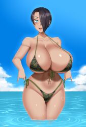 1girls bakunyuu belly_button bikini bikini_tan black_hair blue_eyes blue_sky blue_water breasts cleavage clouds cloudy_sky curvaceous enormous_breasts female female_only gigantic_breasts hair_over_one_eye hand_in_own_hair heart heart_tan hi_res horizon hourglass_figure huge_breasts in_water lips looking_at_viewer massive_breasts navel ocean original original_character outdoors partially_submerged pinup_(style) saya_(twrlare) short_hair smile smiling_at_viewer solo solo_female suntan swimsuit tan tanned tanned_female tanned_girl tanned_skin thick_thighs twrlare voluptuous voluptuous_female water wet