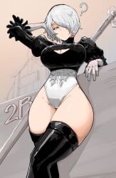 1girls ? absurdres azz0422 big_breasts boots breasts cleavage cleavage_cutout clothing_cutout female gloves hairband highres large_breasts leotard nier:_automata nier_(series) no_blindfold puffy_sleeves short_hair solo sword thick_thighs thighhighs thighs weapon white_hair white_leotard yorha_2b