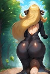 1girls ai_generated ass blonde_hair breasts bubble_butt clothed cynthia_(pokemon) dat_ass dress female game_freak hpeq huge_ass light-skinned_female light_skin long_hair nintendo pokemon pokemon_dppt stable_diffusion thick_ass thick_thighs