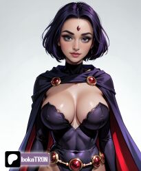 1girls ai_generated boob_window breasts cape cleavage dc female female_only looking_at_viewer purple_hair raven_(dc) raven_(teen_titans) short_hair solo teen_titans