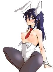 1girls black_hair blue_eyes blush breasts bunnysuit fake_animal_ears female girls_und_panzer kami_ryuoo leotard leotard_pull looking_at_viewer medium_breasts nipples pantyhose playboy_bunny puffy_nipples rabbit_ears reizei_mako sitting solo sweat