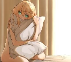 1boy 1femboy aqua_eyes bed bedroom blonde_hair blue_eyes blush bridget completely_nude covered_mouth covering covering_body covering_self curtains cute femboy green_eyes guilty_gear guilty_gear_strive highres hugging_object hugging_pillow indoors kneeling long_hair looking_at_viewer male male_focus male_only mouth_covered nude only otoko_no_ko pillow pillow_grab pillow_hug sitting solo sugag trap
