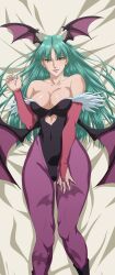 1girls big_breasts blue_hair body_pillow breasts cleavage dakimakura dakimakura_design darkstalkers demon_wings female female_only himemura_saki leggings leotard light-skinned_female lipstick morrigan_aensland on_back on_bed shoulders solo succubus thick_thighs wings yellow_eyes