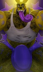 absurd_res alternate_version_at_source animal_humanoid animatronic anthro big_muscles big_pecs big_tongue body_hair bulge chest_hair clothed clothing digital_media_(artwork) five_nights_at_freddy's five_nights_at_freddy's_3 hairy hi_res huge_tongue humanoid lagomorph leg_hair leporid looking_at_viewer machine male male_only mammal muscular muscular_anthro muscular_male nastybluepal open_mouth pecs rabbit raised_clothing raised_shirt raised_tank_top raised_topwear robot scottgames shirt size_difference solo spread_legs spreading springtrap springtrap_(fnaf) tank_top tongue tongue_out topwear underwear