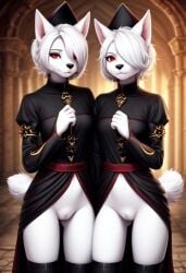 2girls ai_generated anthro ass_visible_through_thighs black_clothing bottomless bottomless_female canine fantasy female female_only furry greeting greeting_viewer hair_over_one_eye indoors innie_pussy looking_at_viewer medieval priestess pussy red_eyes short_hair short_tail siblings sisters temple twins white_body white_fur white_hair wolf wolf_girl