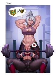 2futas abs angry arms_behind_head balls balls_in_panties balls_on_face ballsack big_balls big_breasts big_penis black_hair black_hair_bottom bodily_fluids breasts clothed clothing deinadver domination domination_loss duo flaccid futa_on_futa futa_only futanari gym gym_clothes human human_only irelia_xan large_breasts large_penis league_of_legends light-skinned_futanari light_hair_on_dark_hair light_skin long_hair mostly_clothed muscular muscular_futanari on_back penis penis_out riot_games riven role_reversal sports_bra standing sweat sweatdrop sweating sweaty sweaty_body video_game_character white_hair white_hair_on_black_hair white_hair_top