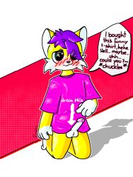 alpha_channel anthro balls bartis_(bartisthedoggie) bartisthedoggie blush blush_lines boxers_(clothing) bulge canid canine canis cel_shading clothing domestic_dog english_text fur genitals hair male mammal messy_hair penis pink_clothing pink_shirt pink_t-shirt pink_topwear purple_hair shaded shirt signature simple_background solo speech_bubble t-shirt text text_on_clothing topwear transparent_background underwear white_balls white_body white_fur yellow_body yellow_fur