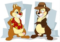 2boys blush bottomless buckteeth chip chip_'n_dale_rescue_rangers chipmunk chubby clothed clothing coat comparing dale disney erection eye_contact flat_colors furry geometric_background half-dressed hands_on_hips hat headgear humanoid_penis male male_only mammal multiple_boys neenya open_mouth penis pointing rodent standing surprised testicles