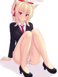 :d big_breasts blonde_hair cameltoe cat_ears cat_girl eyebrows_visible_through_hair heels looking_at_viewer office_clothing office_lady patreon_username ponytail red_eyes red_ribbon sitting thick_thighs tie tiffy tiffynyaa white white_background white_panties