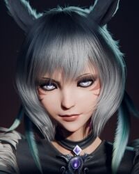 3d clothed ears_up feathers ffxiv final_fantasy final_fantasy_xiv glowing_eyes looking_at_viewer miqo'te seductive_look smiling tipsynd white_hair y'shtola