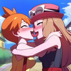 2girls ai_generated female female_only french_kissing human human_characters_in_pokémon kasumi_(pokemon) kissing multiple_girls pokemon powerhouserift serena_(pokemon) tongue_kiss tongue_touching_another's_tongue tongues_touching yuri